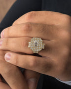 Male model wearing 14K Rectangle Center Diamond Baguette Ring in Yellow