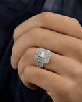 Male model wearing 14K Rectangle Center Diamond Baguette Ring in White
