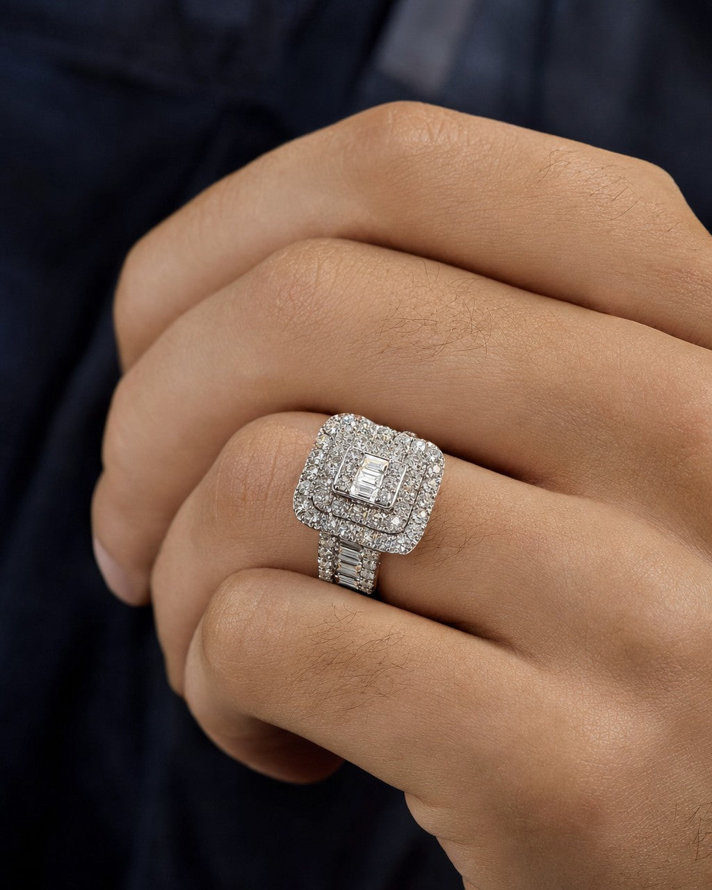 Male model wearing 14K Rectangle Center Diamond Baguette Ring in White