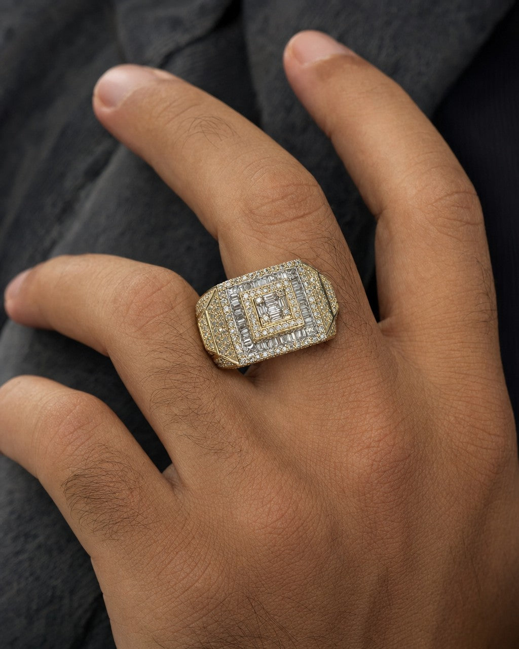 Male model wearing 14K Diamond Baguette Power Ring