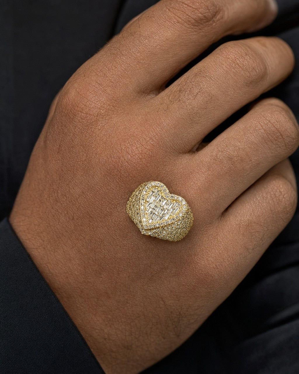 Male model wearing 14K Heart Diamond Baguette Ring