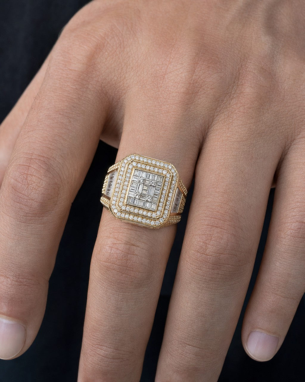 Male model wearing 14K 18.4MM Champion Diamond Baguette Ring