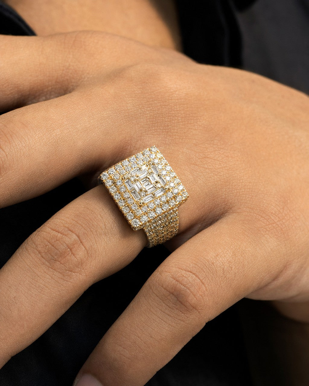 Male model wearing 14K Square Diamond Baguette Center Ring