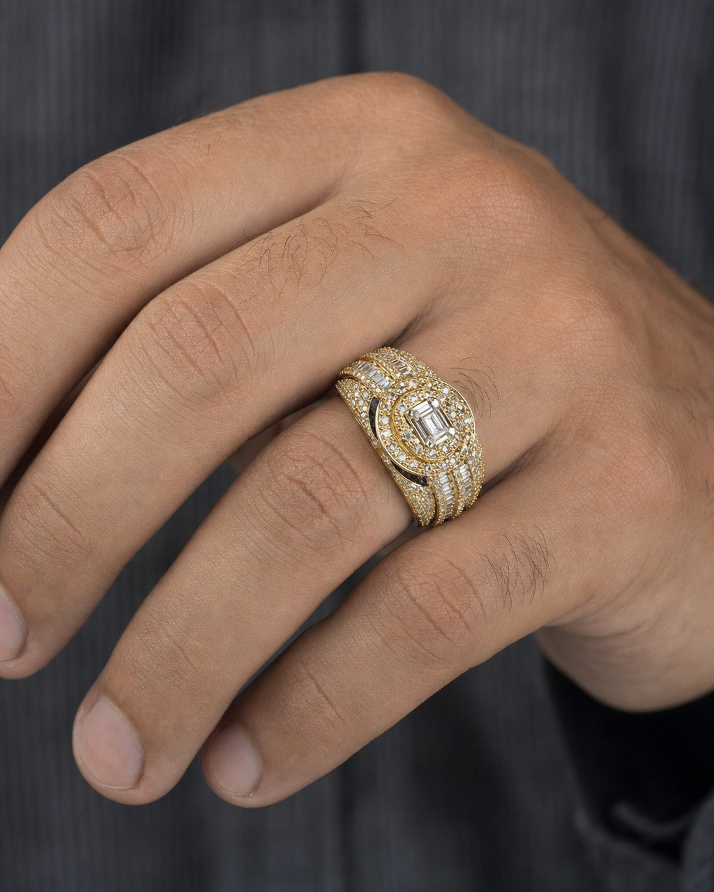 Male model wearing 14K Diamond Baguette Castle Ring