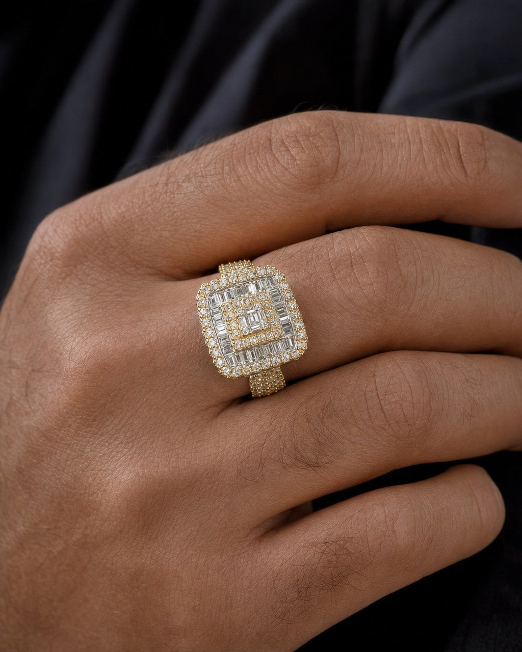 Male model wearing 14K Square Diamond Baguette Ring