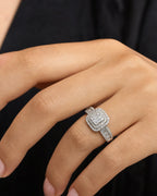 Female model wearing 14K Square Diamond Baguette Engagement Ring