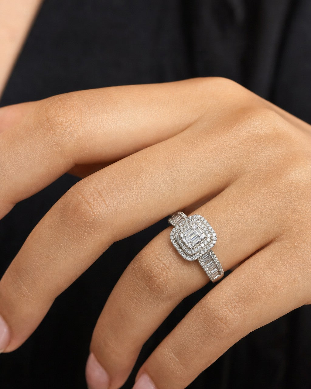Female model wearing 14K Square Diamond Baguette Engagement Ring