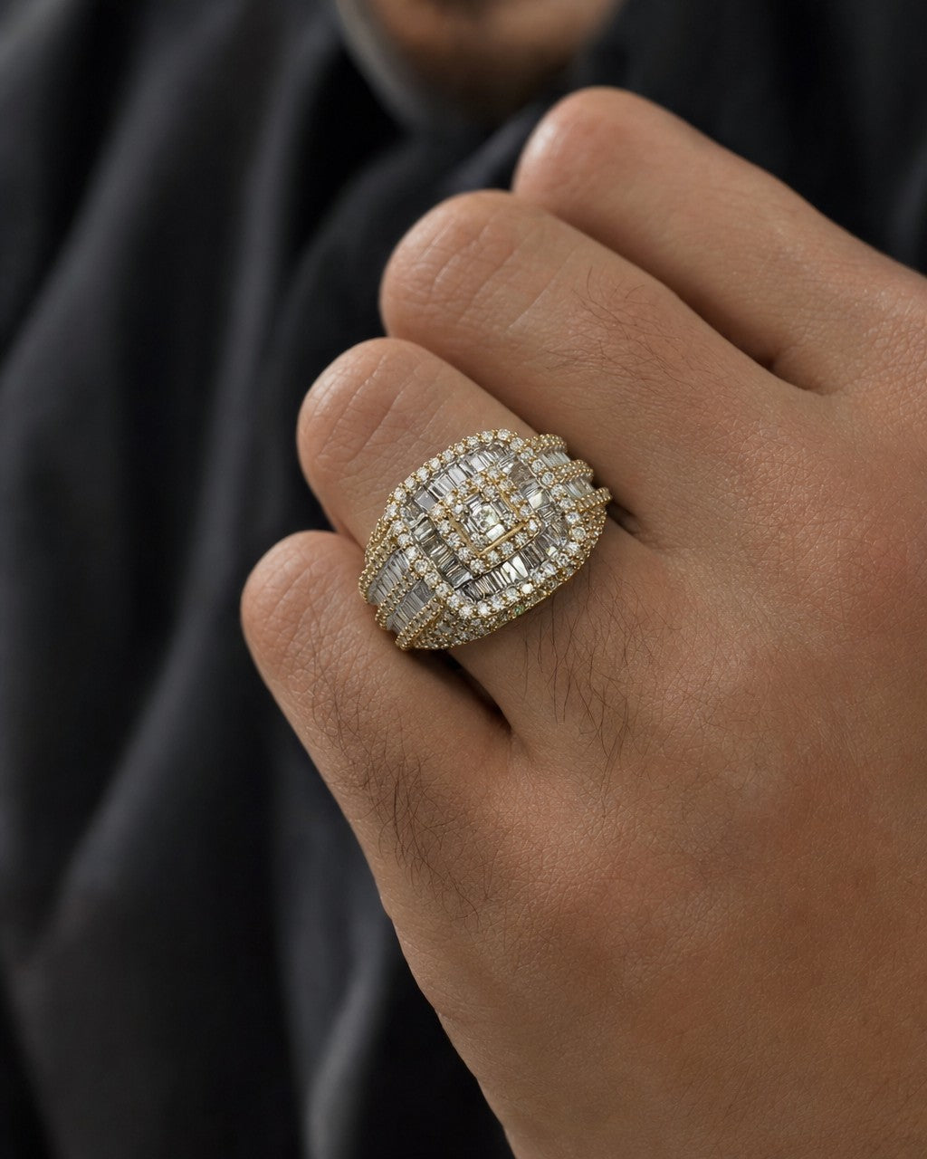 Male model wearing 14K Square Diamond Baguette Ring