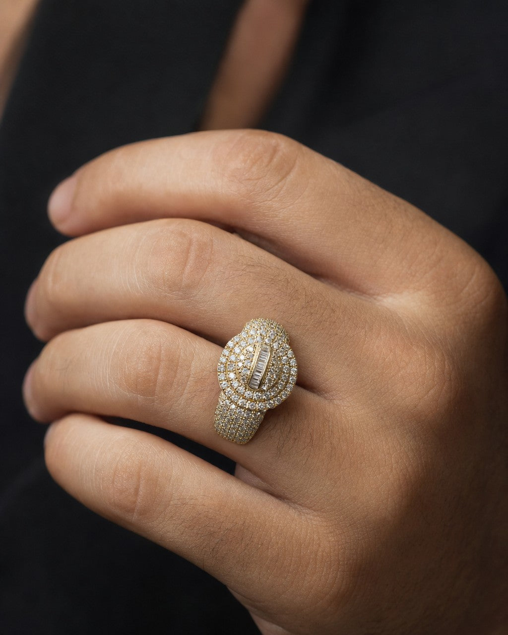Male model wearing 14K Polygon Diamond Baguette Ring