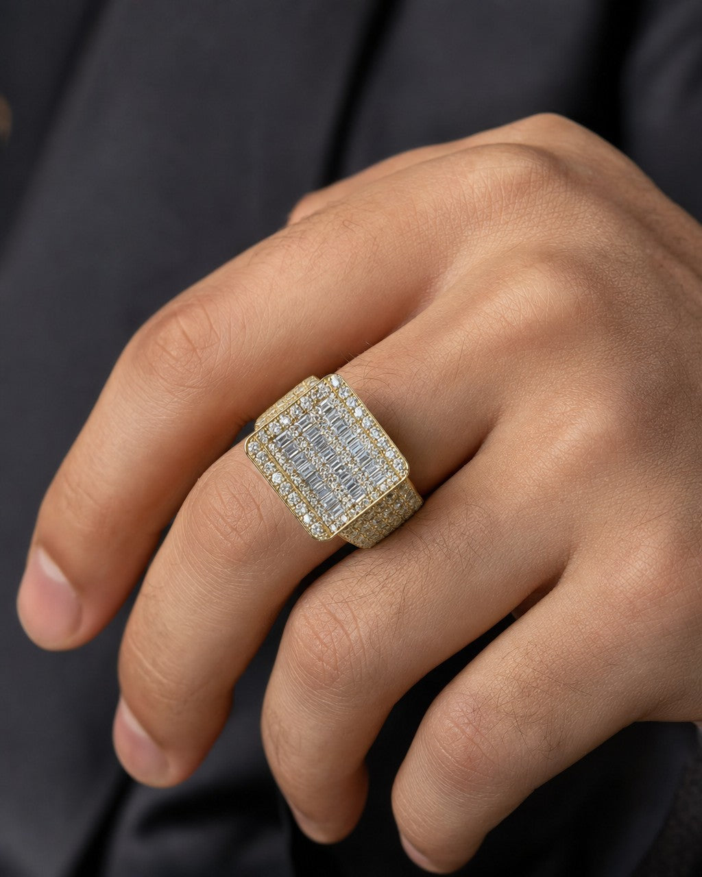 Male model wearing 14K Rectangle Diamond Baguette Ring 5.65ct