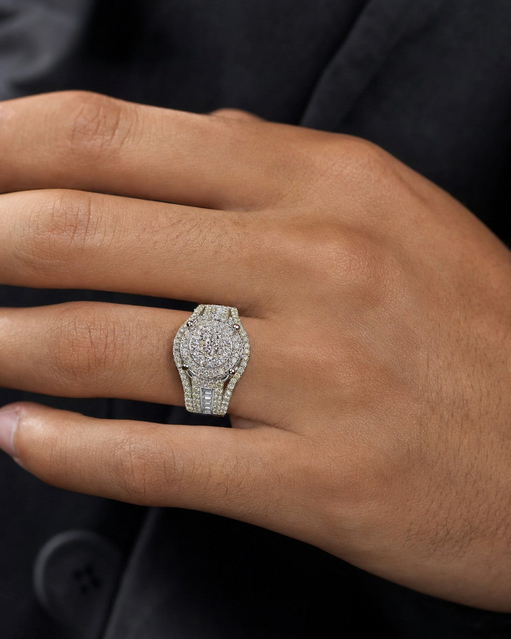 Male model wearing 14K Circle Ring With Diamond Baguette Sides