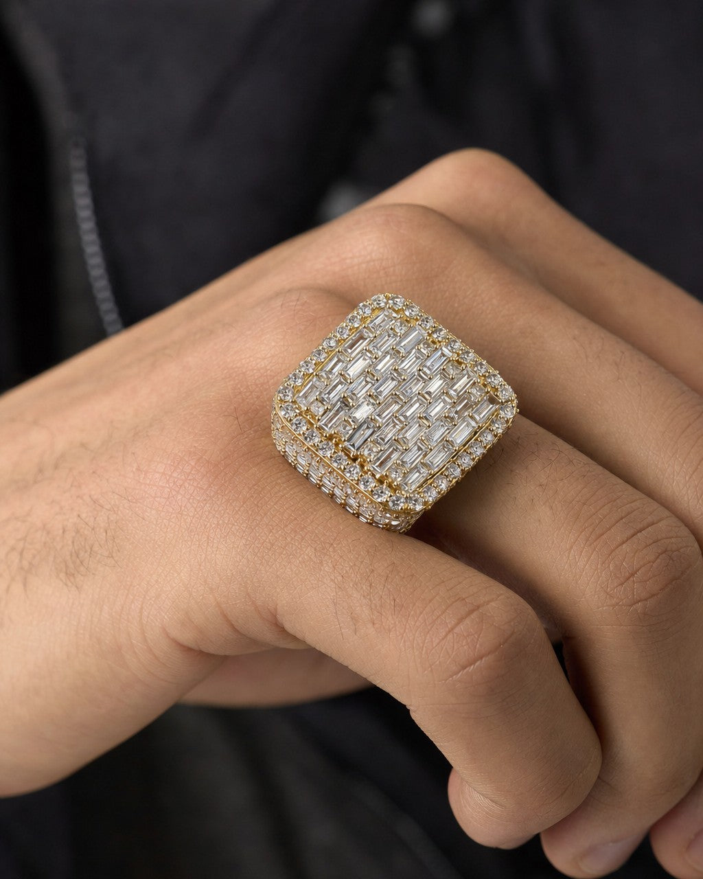 Male model wearing 14K Emerald-Cut Square Diamond Baguette Ring