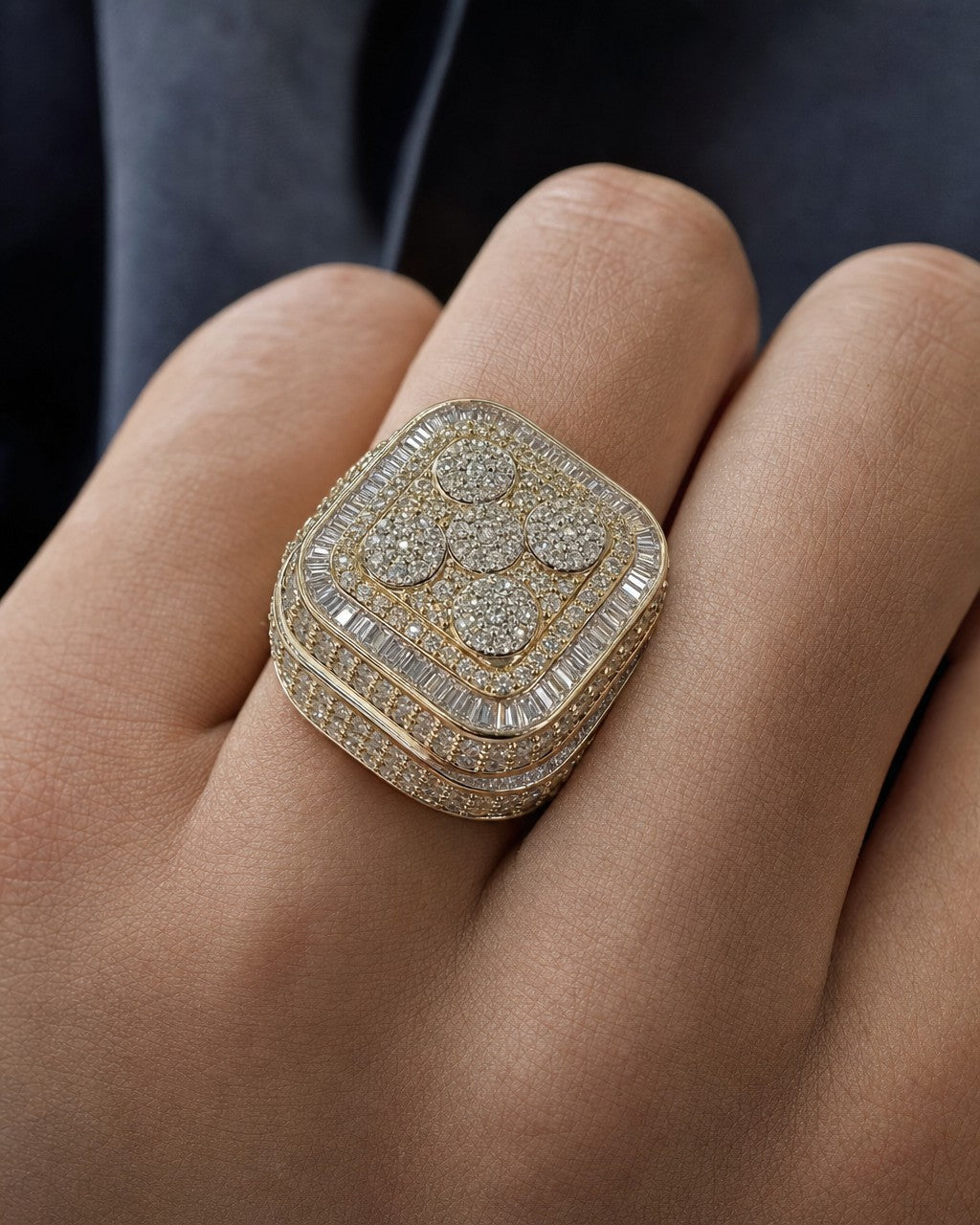 Male model wearing 14K Jumbo Square Tower Diamond Baguette Ring