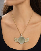 Female model wearing 10K Angel Wings Round Picture Photo Pendant