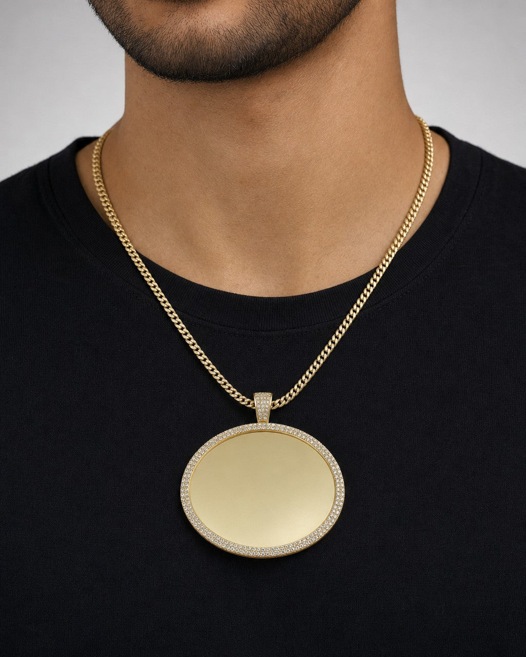 Male model wearing 14K Jumbo Round Photo Picture Pendant