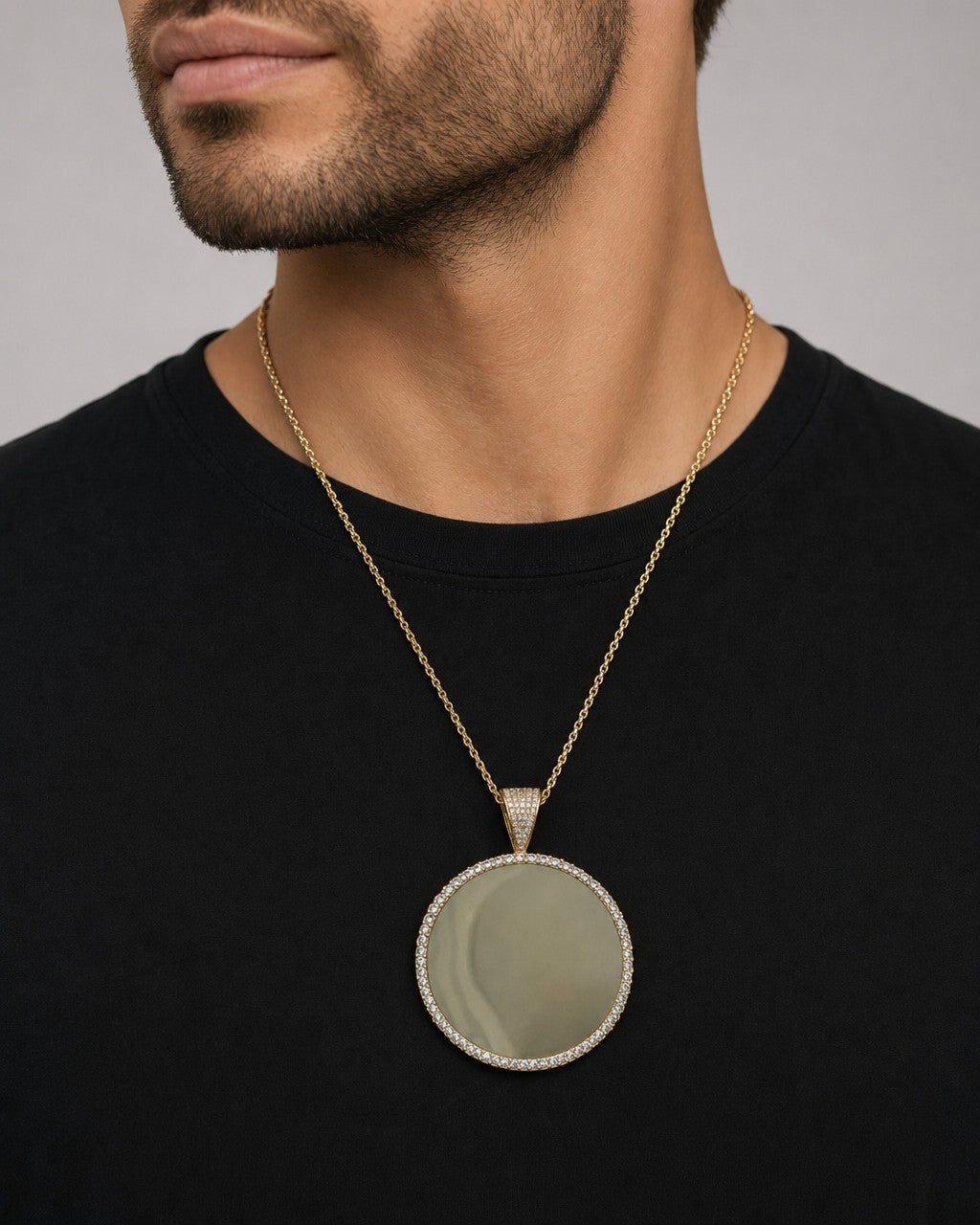 Male model wearing 14K Round Picture Pendant