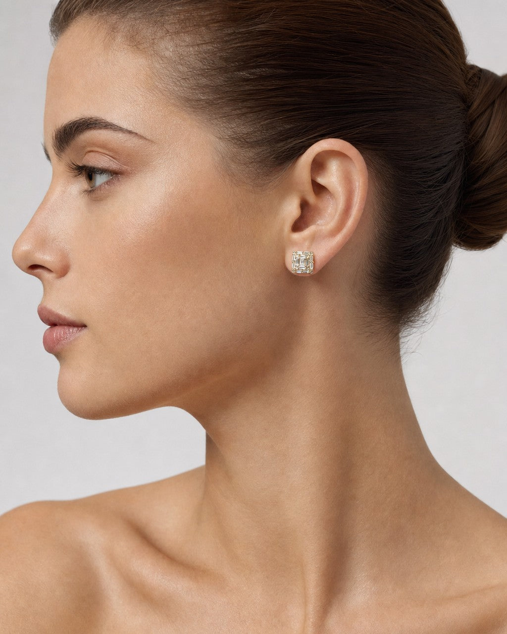 Female model wearing 14K Square Box Diamond Baguette Earrings 0.35ct