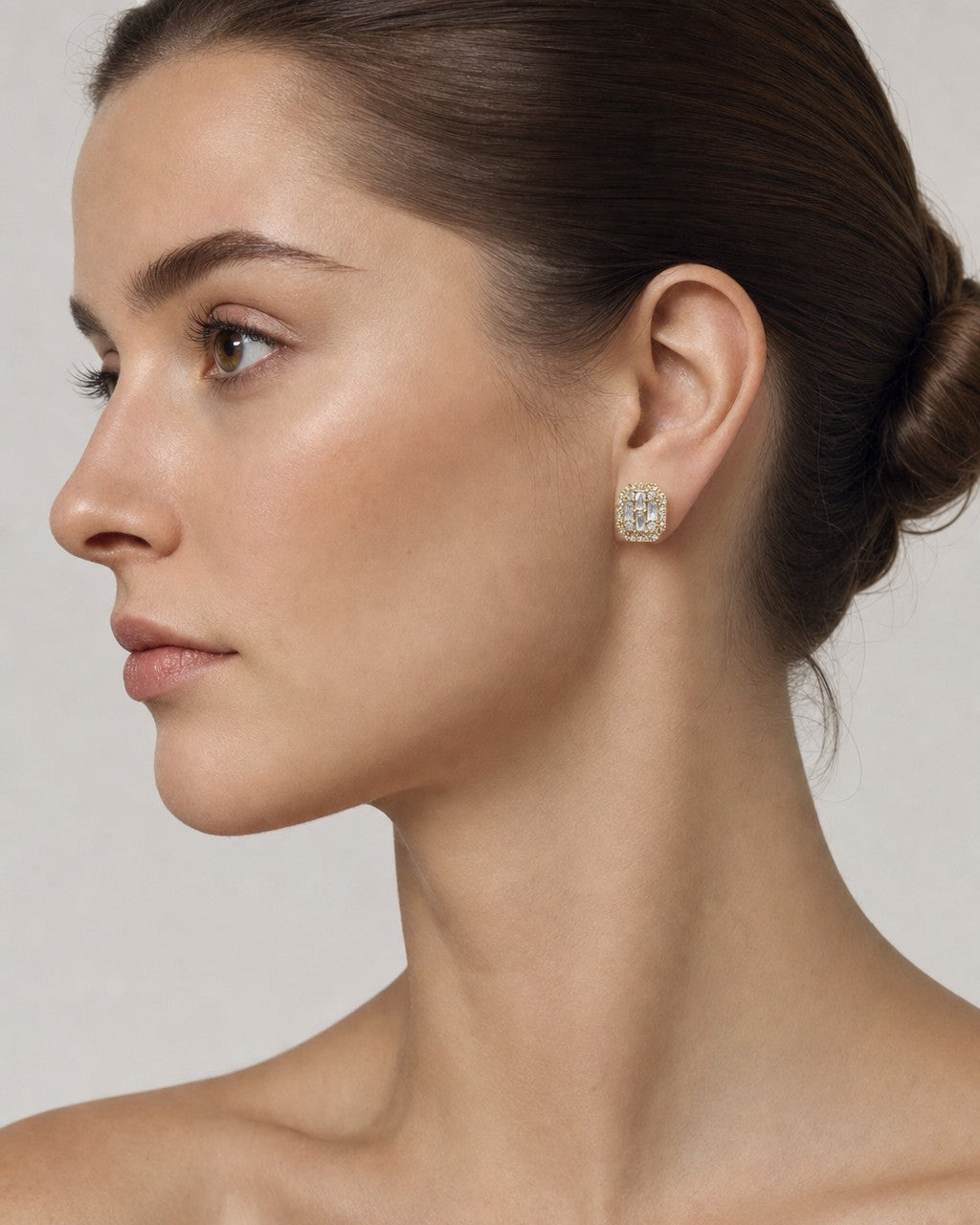 Female model wearing 14K Rounded Rectangle Diamond Baguette Earrings 1.2ct