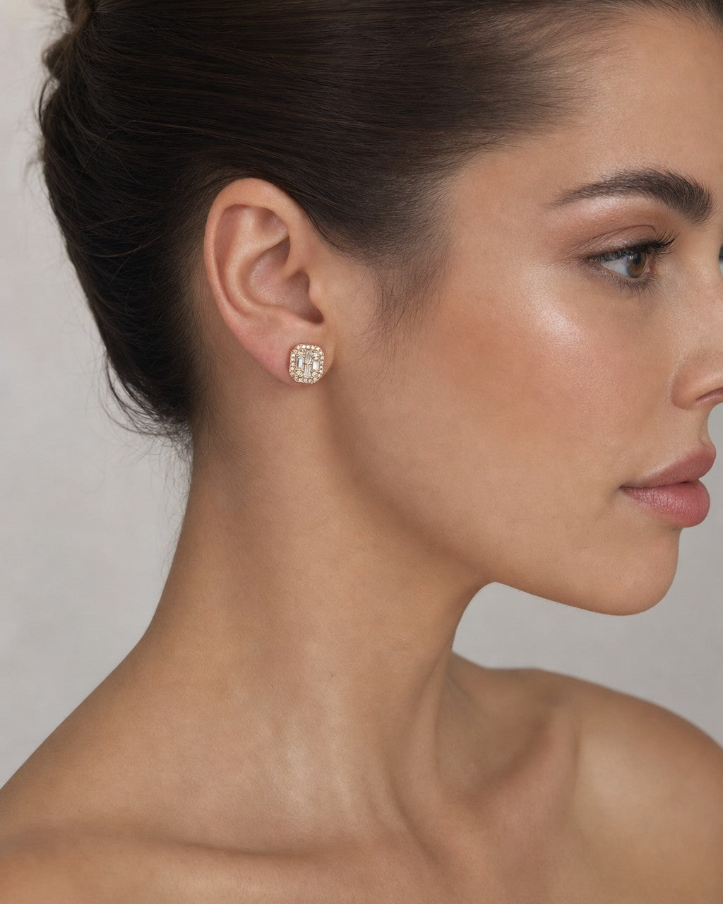Female model wearing 14K Rounded Rectangle Diamond Baguette Earrings 0.75ct