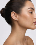 Female model wearing 14K Grandeur Square Diamond Earrings