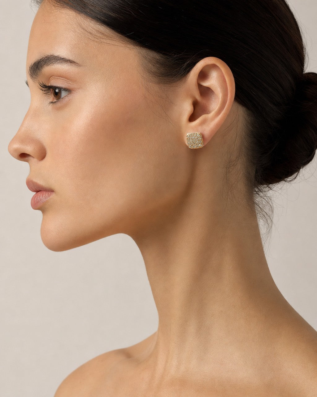 Female model wearing 14K Elite Square Diamond Earrings