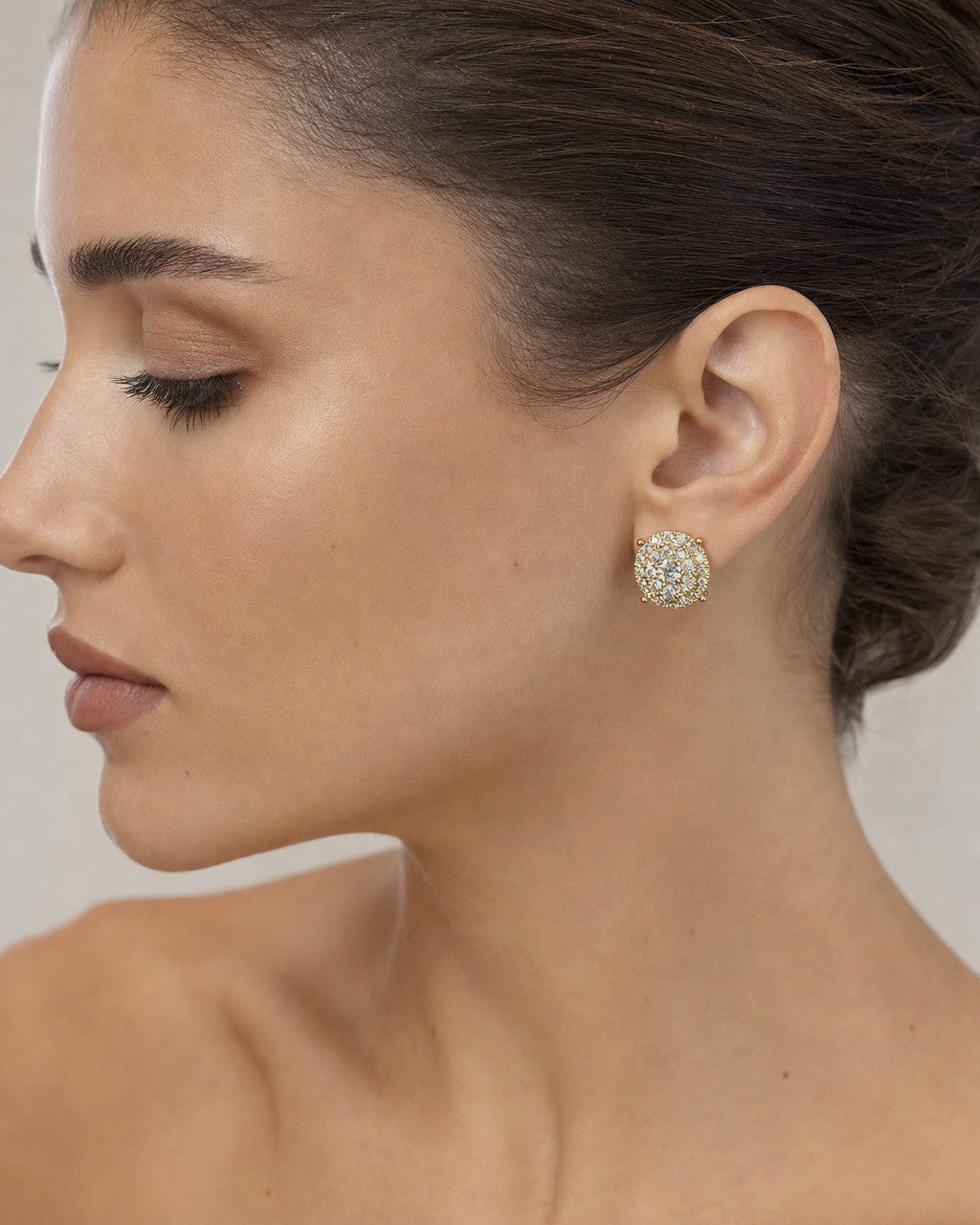 Female model wearing 14K Thick Circle Double Layer Cake Diamond Earrings 3.3ct
