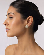 Female model wearing 14K Flower Diamond Earrings 2.6ct