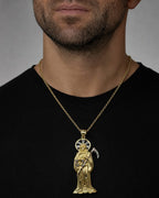 Male model wearing 14K Santa Muerte Grim Reaper Pendant