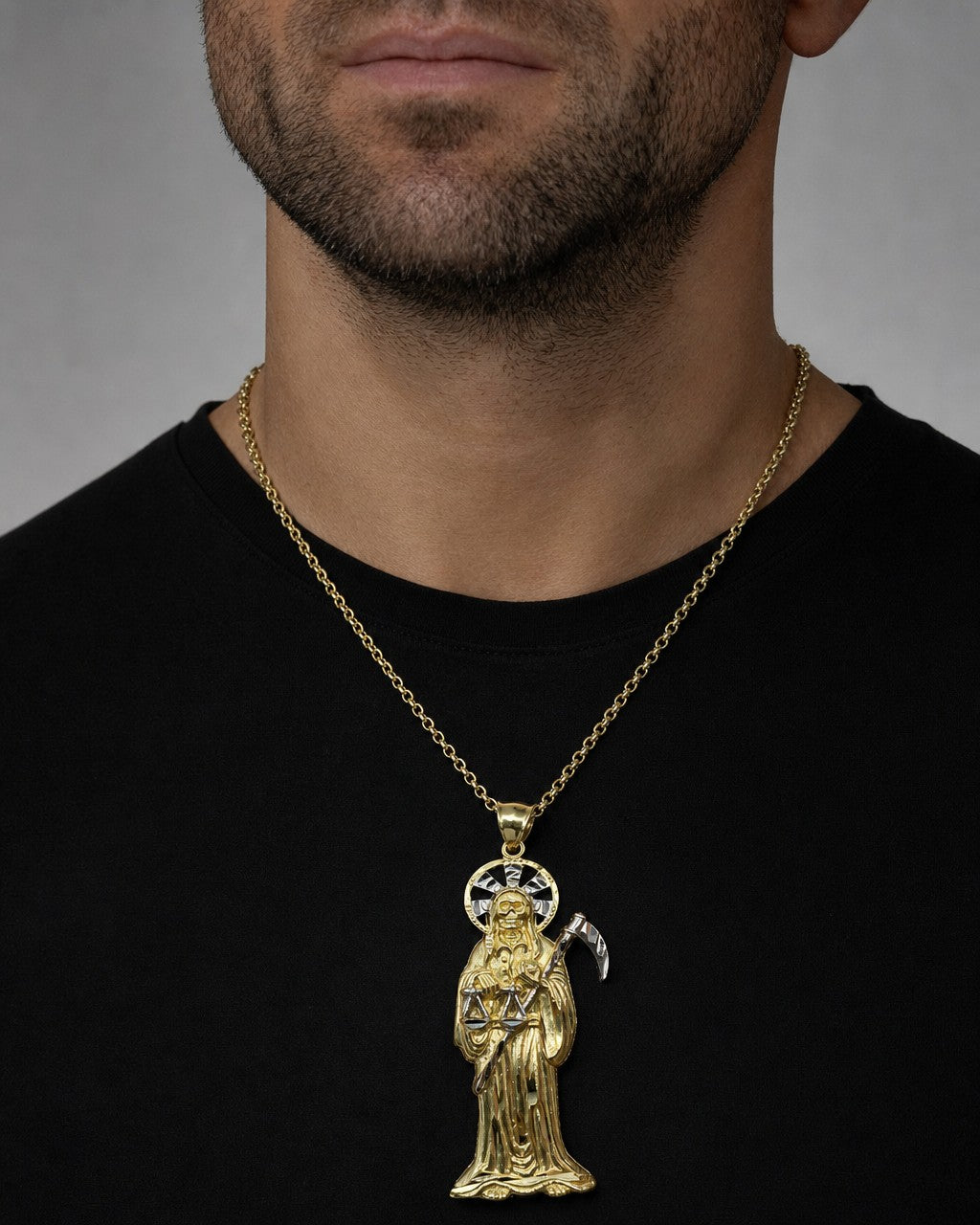 Male model wearing 14K Santa Muerte Grim Reaper Pendant