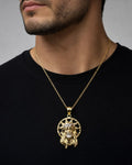 Male model wearing 14K Jesus Head With Halo Pendant 1.5"