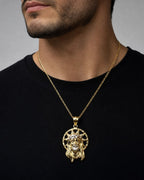 Male model wearing 14K Jesus Head With Halo Pendant 1.5"