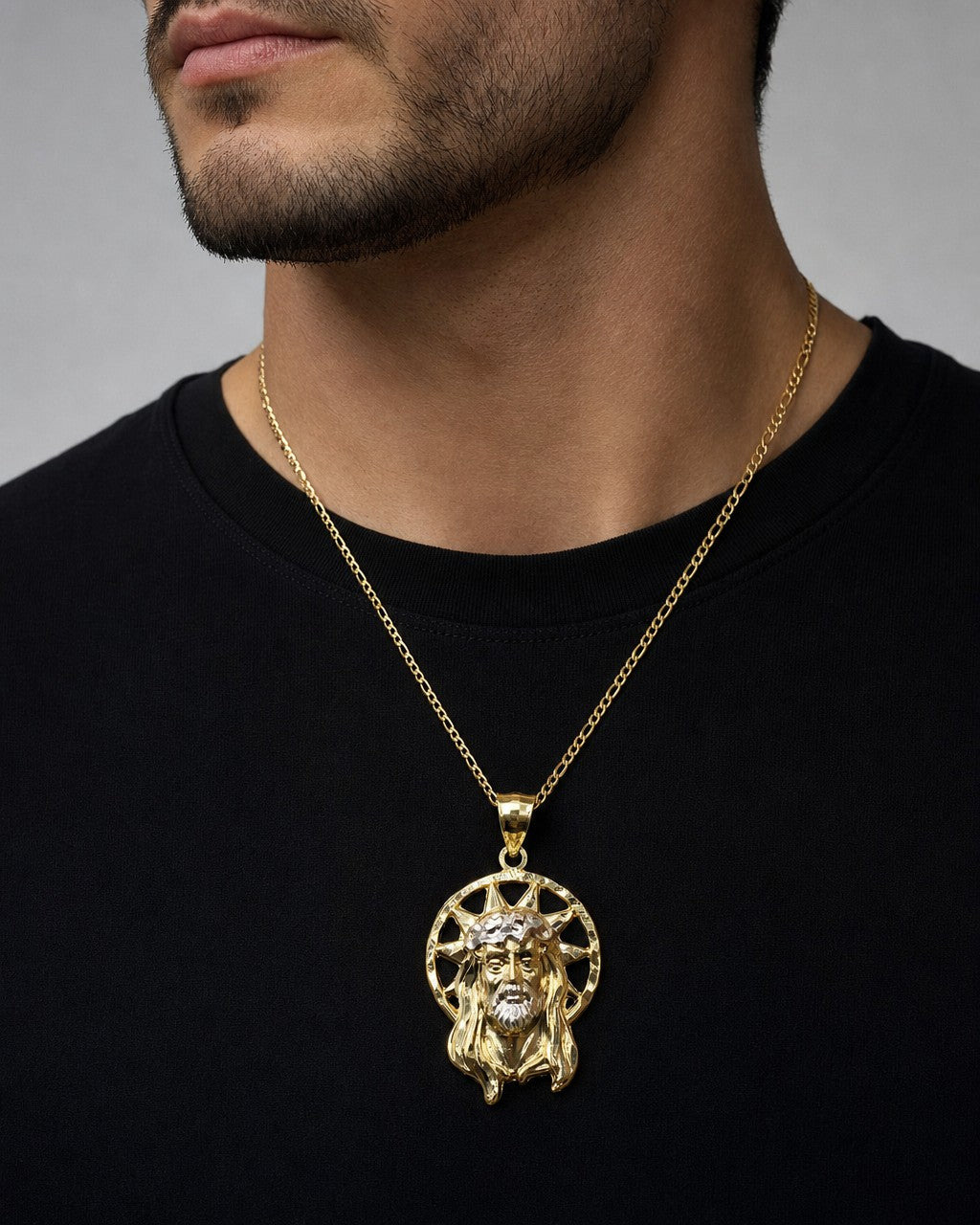 Male model wearing 14K Jesus Head With Halo Pendant 1.5"