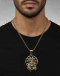 Male model wearing 14K Jesus Head With Halo Pendant 2.0"