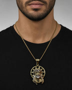 Male model wearing 14K Jesus Head With Halo Pendant 2.0"