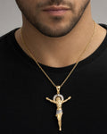 Male model wearing 10K Crucified Jesus Pendant 2.2"