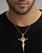 Male model wearing 10K Crucified Jesus Pendant 2.2"