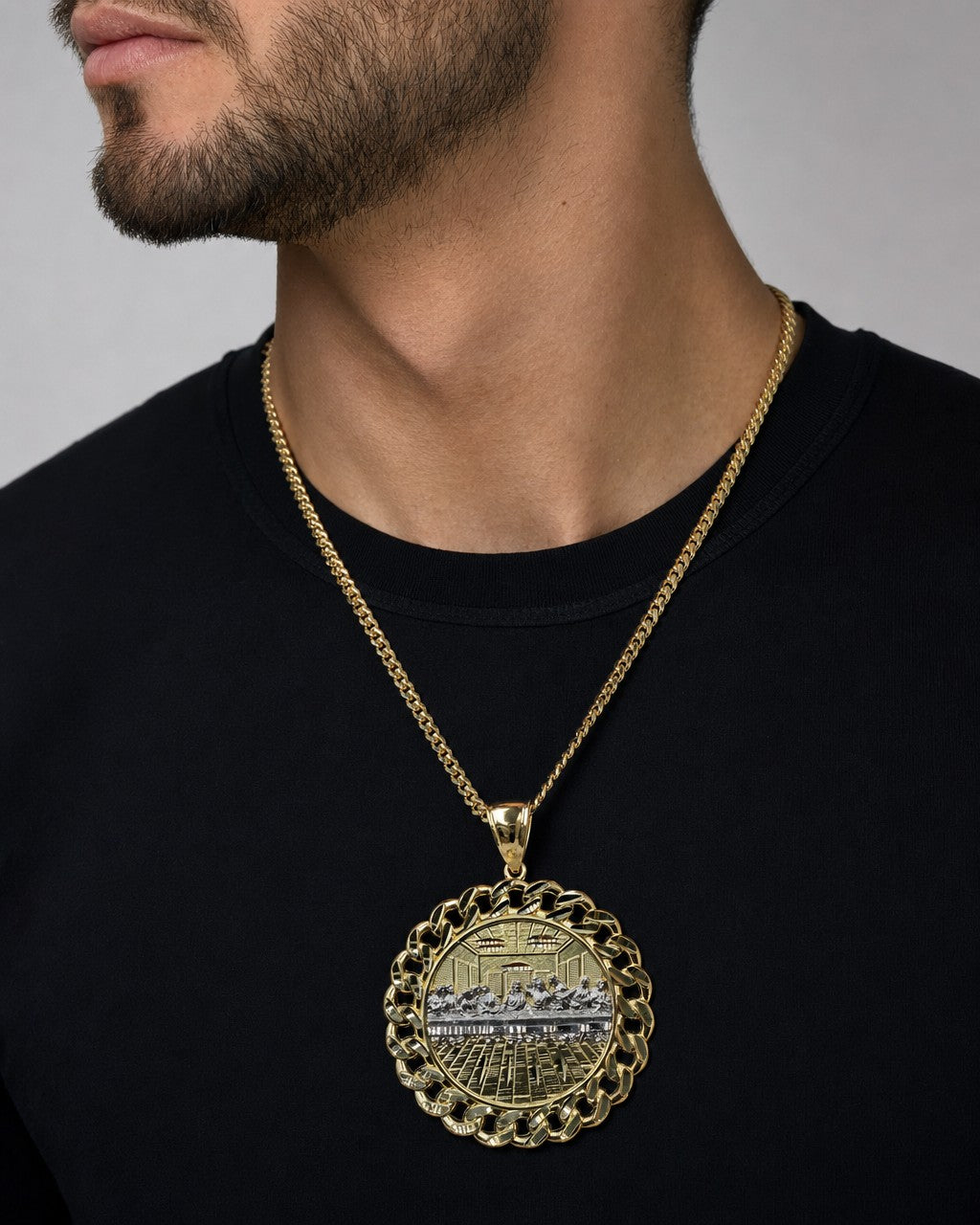 Male model wearing 14K Last Supper Pendant 2.4"