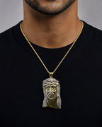 Male model wearing 14K Jesus Head Pendant 2.4"