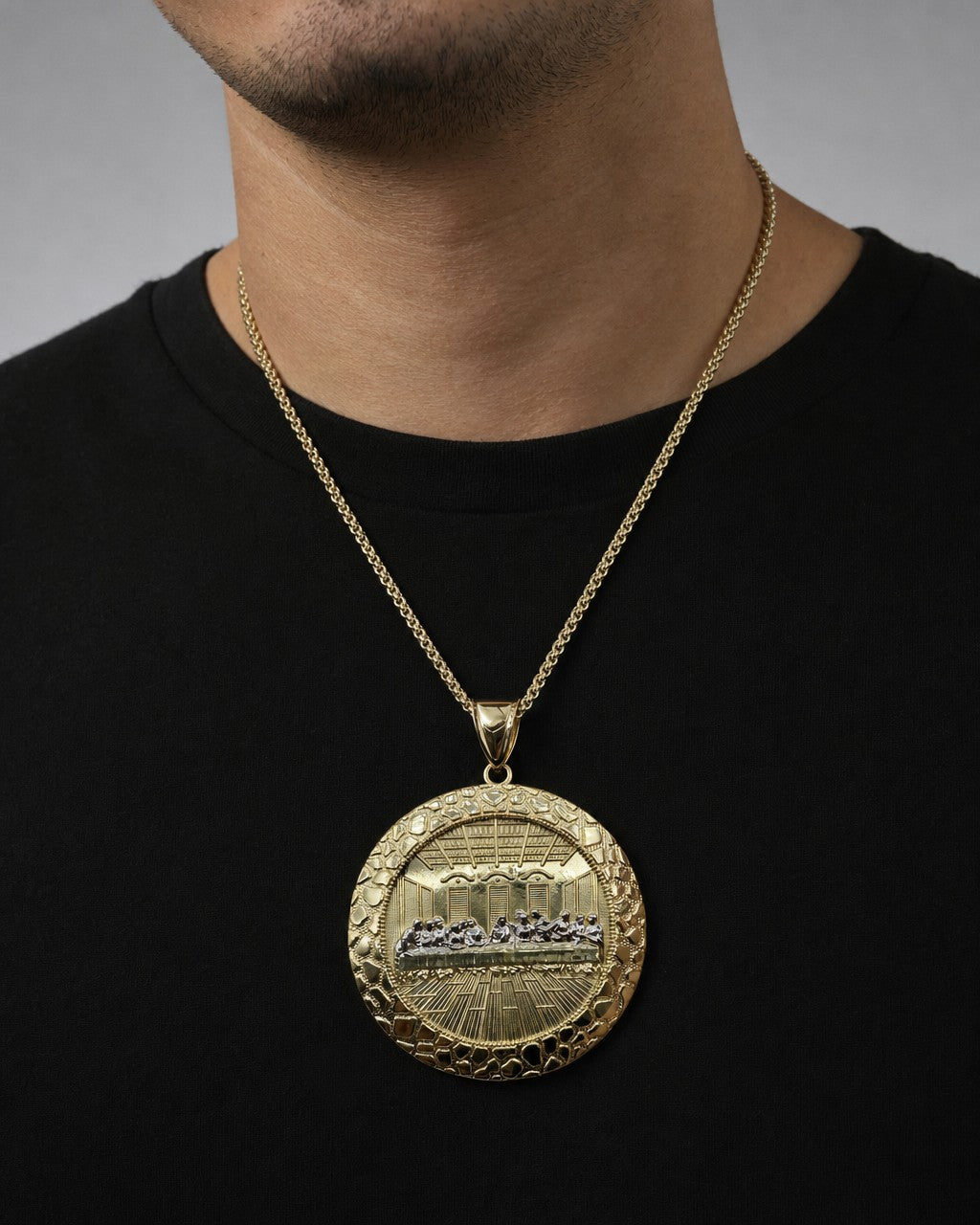 Male model wearing 10K Last Supper Pendant 2.6"