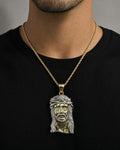 Male model wearing 14K Jesus Head Pendant 1.9"