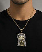 Male model wearing 14K Jesus Head Pendant 1.9"