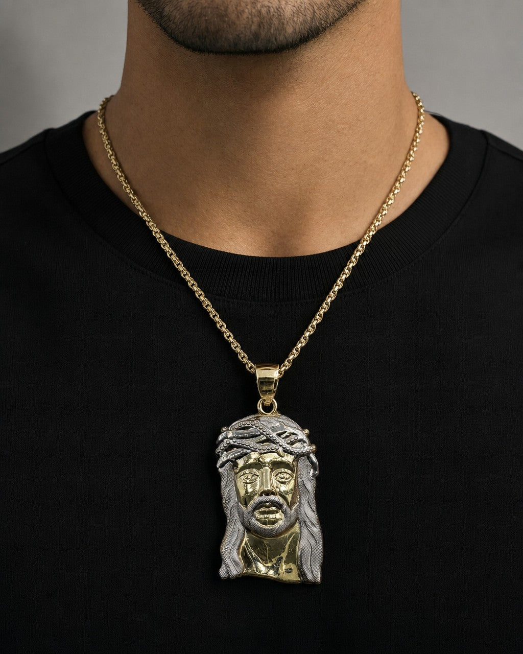 Male model wearing 14K Jesus Head Pendant 1.9"