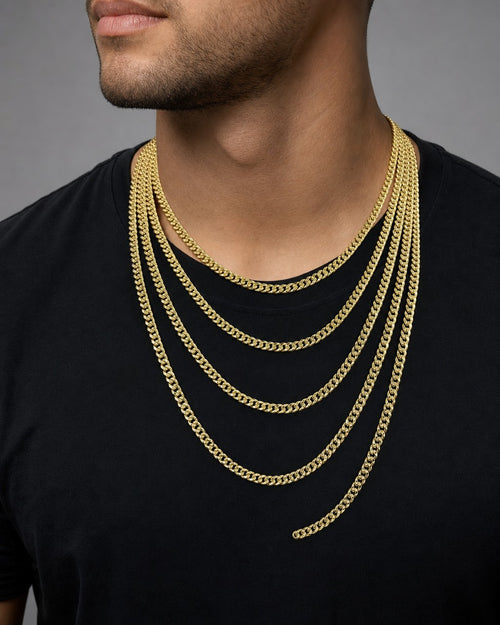 Male model wearing 10K 3MM Miami Cuban Link Gold Chain 16-24”