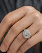 Female model wearing 14K White Gold Circle Diamond Engagement Ring