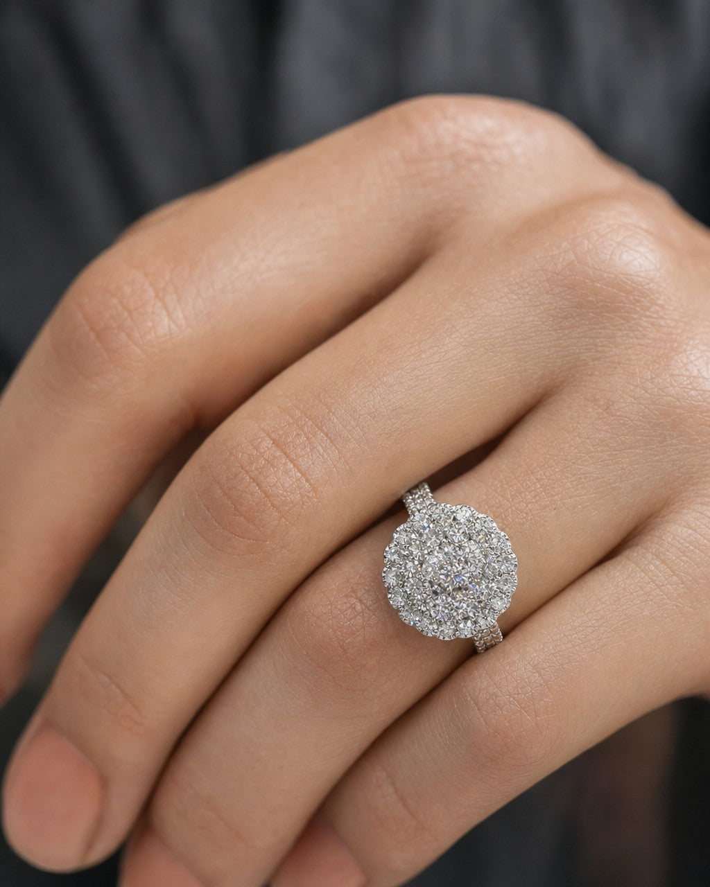 Female model wearing 14K White Gold Circle Diamond Engagement Ring
