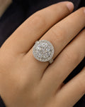 Female model wearing 14K Circle 3D Flower Diamond Engagement Ring