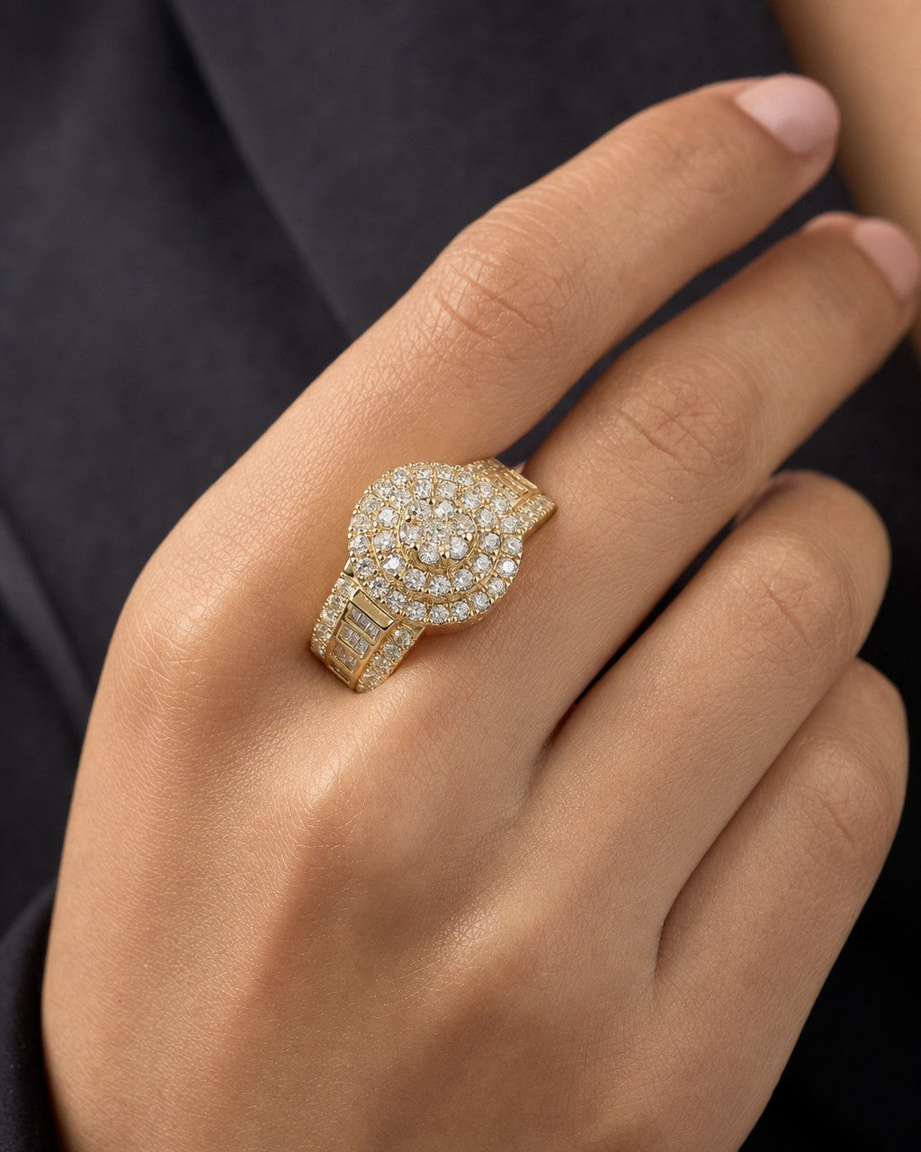 Female model wearing 14K Cake Diamond Baguette Engagement Ring