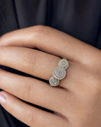 Female model wearing 14K Tri-stone Circle Shape Diamond Engagement Ring
