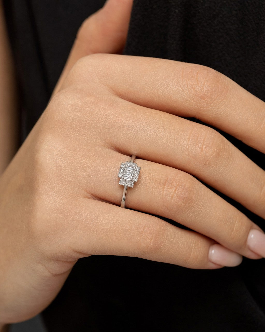 Female model wearing 14K Minimal Diamond Baguette Engagement Ring