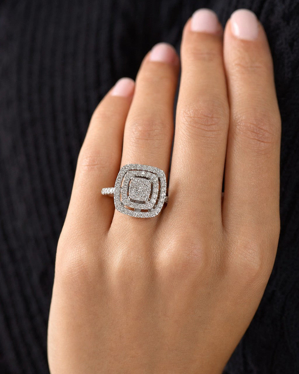 Female model wearing 14K Square Gap Diamond Engagement Ring